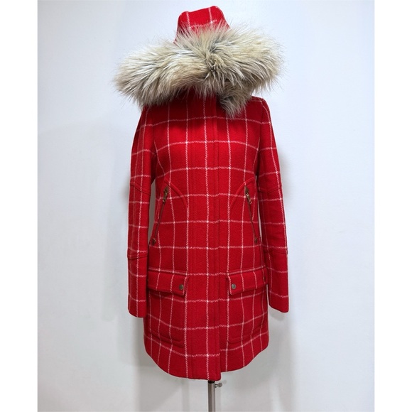J. Crew Chateau Parka Red White Windowpane Plaid Removable Faux Fur Collar Coat - Picture 2 of 16